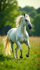 Obraz premium Majestic white stallion prancing in lush meadow, mane and tail flowing freely , white unicorn, horse, landscape