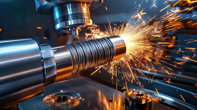 A machine is cutting a piece of metal, and the sparks are flying out of it
