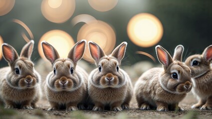 Fototapeta premium Cute rabbits gather in a playful arrangement against a soft bokeh background during a serene evening