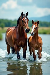 Fototapeta premium Mare and foal playing in water, splash, fun, playful