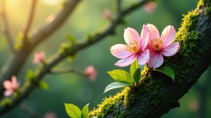 Obraz premium Delicate pink blossoms emerge from a mossy branch bathed in the warm glow of sunrise, showcasing the beauty of springtime