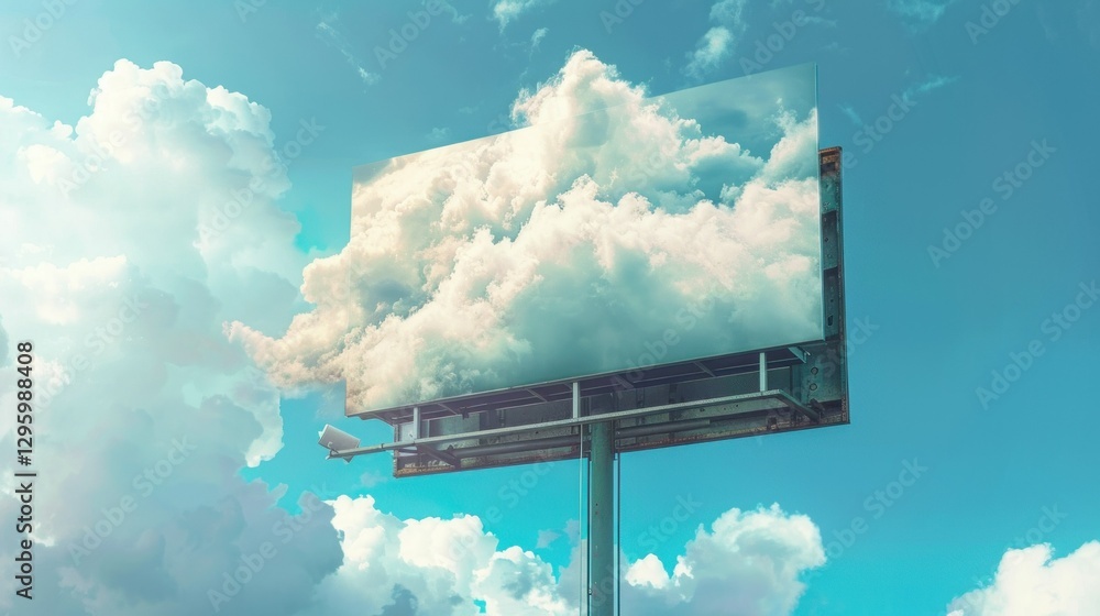 Poster A dreamlike image of a floating billboard with a product that turns into a cloud.