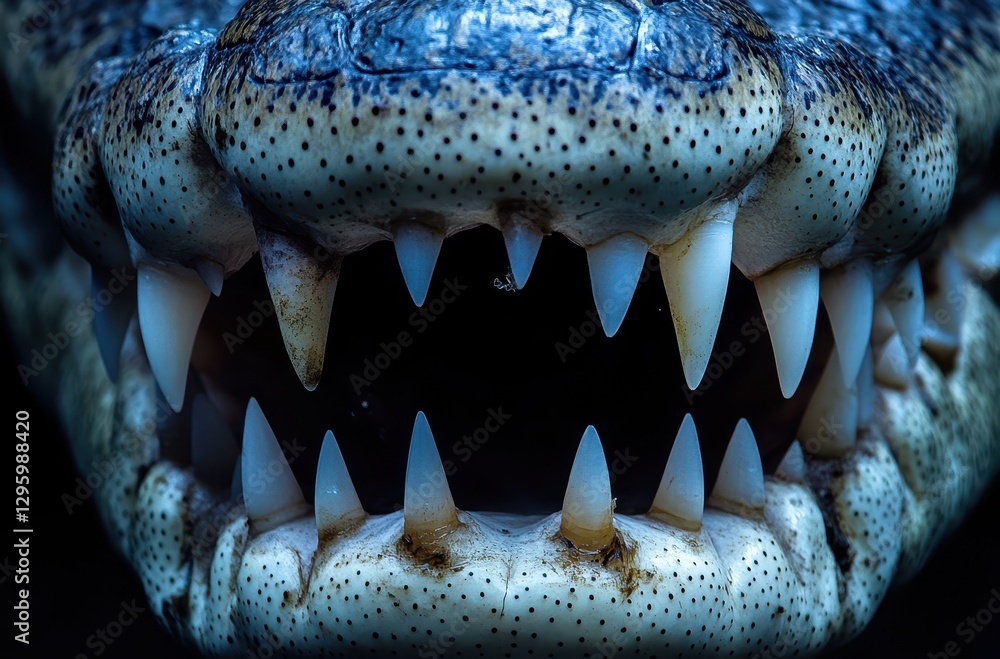 Poster close-up view of alligator mouth showing sharp teeth and detailed texture in dark background capture
