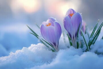 crocus buds nudging through frosty snow, pale lavender tips kissed by faint pink sunrise, icy blues fading into hope, fragile yet fierce with life.