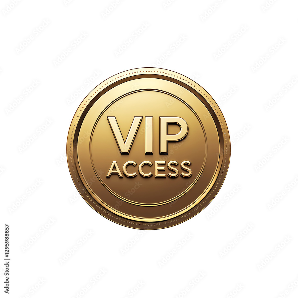 Poster shiny golden vip access badge perfectly centered on a plain white background, luxury event pass with