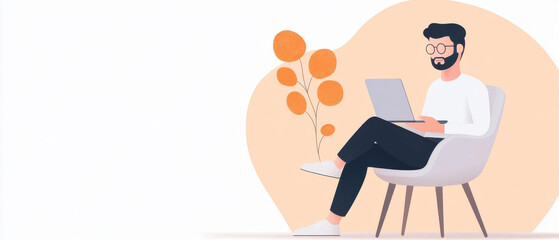 Man sitting on chair using laptop, surrounded by abstract shapes and plants, representing digital transformation and modern work environments