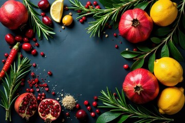 Aromatic Herbs, Vibrant Pomegranates, and Citrus Fruits Create a Festive Culinary Border