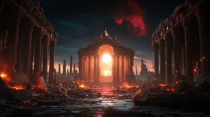 Ancient ruined city ablaze with fire and pillars against dark skies