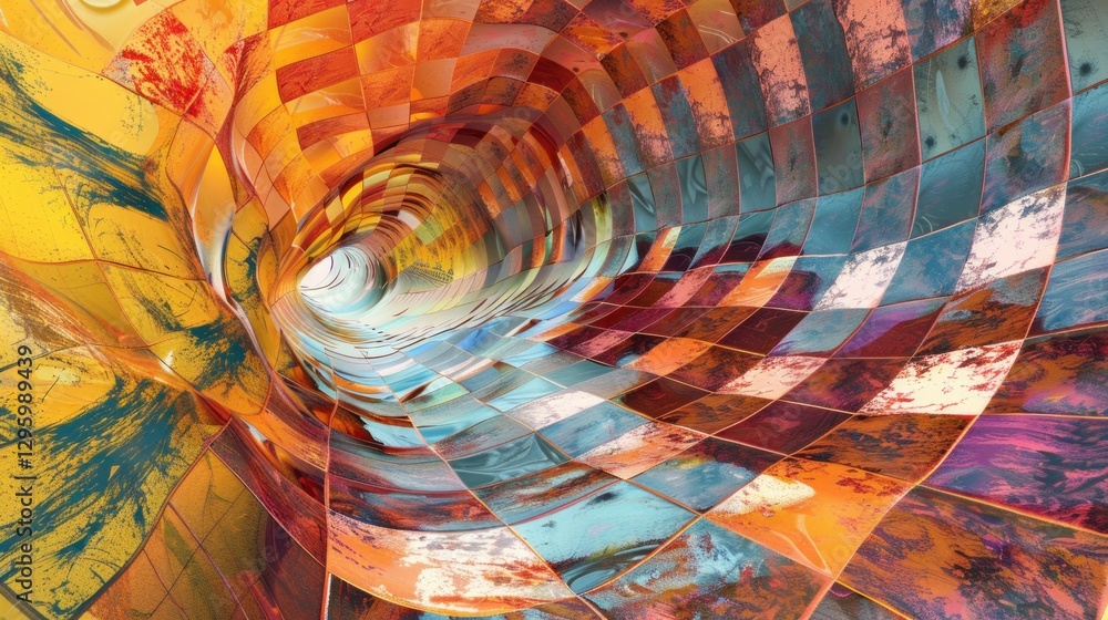 Poster a surreal checkerboard pattern where the squares twist and distort as if alive.