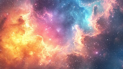 Obraz premium A vibrant cosmic scene featuring swirling colors of orange, blue, and pink, depicting the beauty of a nebula in deep space.