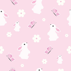 Cute Bunny Seamless Pattern,Pattern with butterfly,flowers and rabbit.pink background,vector illustration.