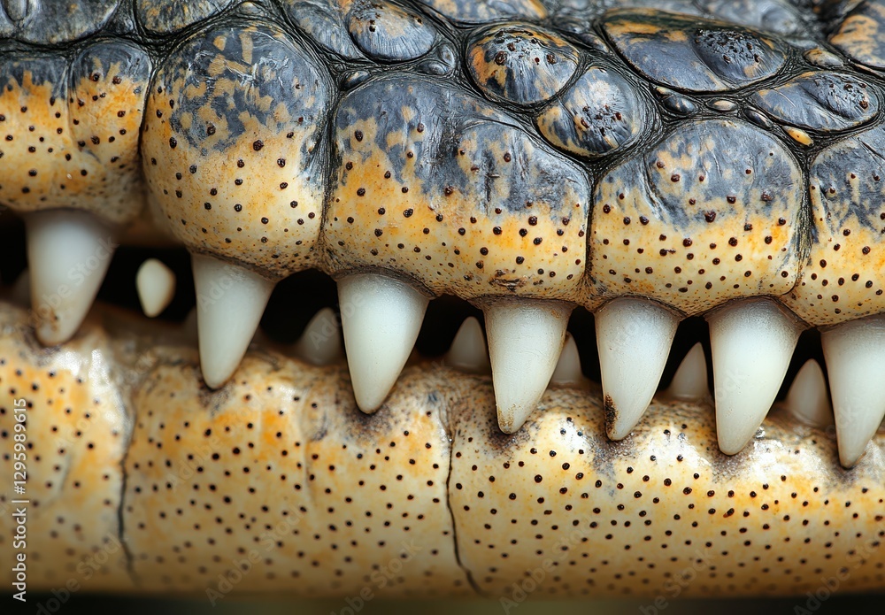 Poster close-up view of alligator teeth and scales showcasing remarkable texture and detail in a natural ha