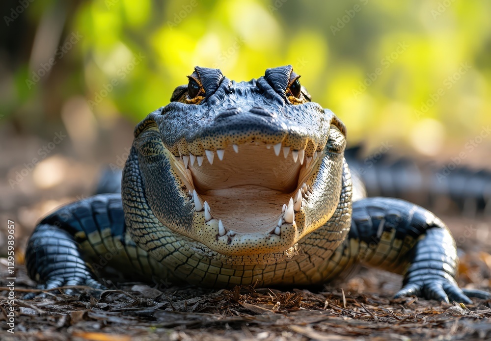 Poster close-up view of alligator with open mouth and sharp teeth in natural habitat surrounded by blurry g