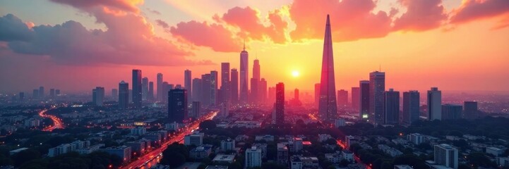 Minimalist cityscape with sleek skyscrapers and modern architecture at sunset, urban, office space, interior design