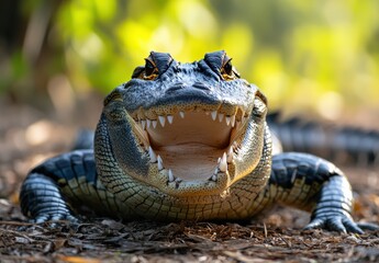 Fototapeta premium Close-up View of Alligator with Open Mouth and Sharp Teeth in Natural Habitat Surrounded by Blurry Green Flora and Soft Ground