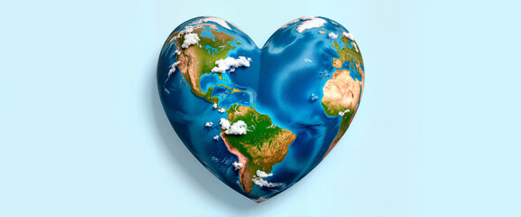 Heart-shaped Earth with clouds and oceans, symbolizing love for planet