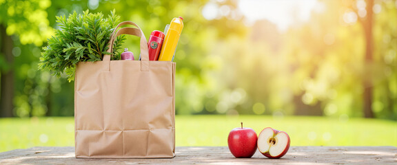 Eco-friendly shopping bag with apple in outdoor market, sustainable lifestyle