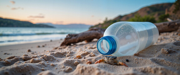 Plastic bottle on sandy beach at sunset, environmental awareness