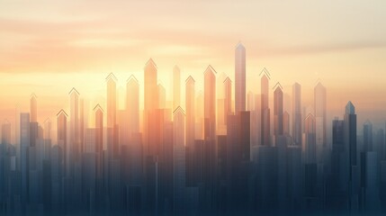 A city skyline with many tall buildings and a sun setting in the background