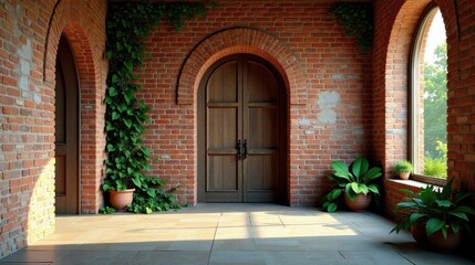 Fototapeta premium Sunlit Brick Hallway with Arched Door and Verdant Plants
