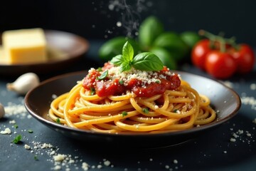 Fototapeta premium Aromatic pasta dish, topped with a vibrant tomato sauce, freshly grated cheese, and fragrant basil leaves, a culinary delight