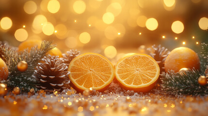 Warm orange background with autumn and Christmas decor, including pine cones, orange slices, and fairy lights