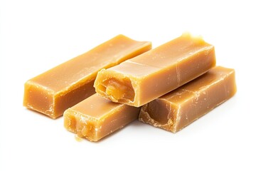 Caramel candy bars stacked on white background