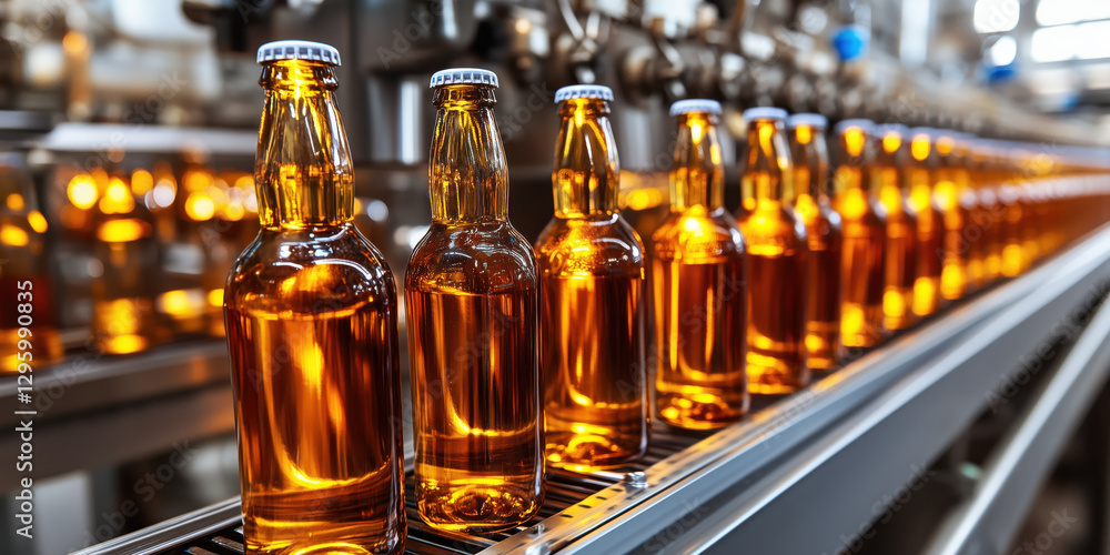 Poster automated liquor bottling line in modern factory with amber bottles