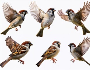 Fototapeta premium House sparrow bird in various poses including flying and perching natural wildlife 