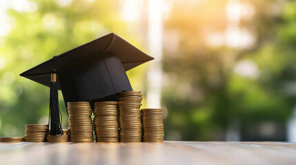 A stack of gold coins supports a graduation cap, emphasizing the financial investment required for a college or university degree, including tuition fees, loans, and possible schol