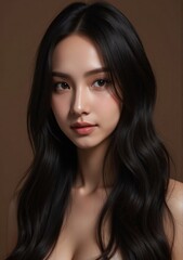 Naklejka premium model with long, straight black hair, glossy and perfectly styled, striking a seductive pose in a studio with a brown backdrop, her hair adding a touch of elegance