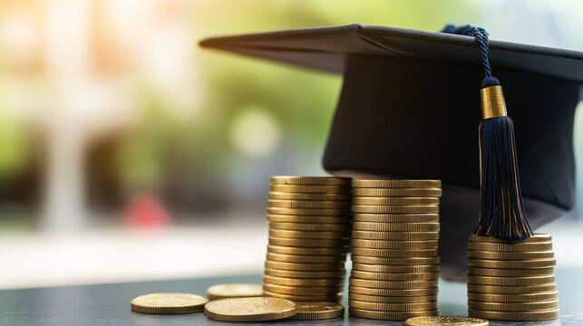 A stack of gold coins supports a graduation cap, emphasizing the financial investment required for a college or university degree, including tuition fees, loans, and possible schol
