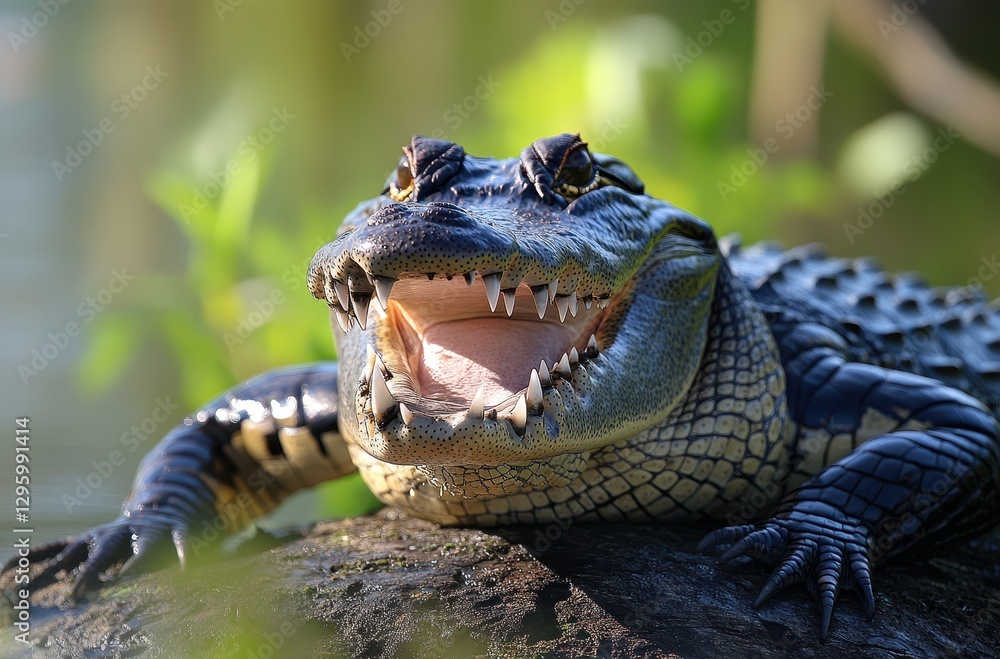 Poster close-up view of an alligator displaying teeth and opening mouth while resting on a rock by water su