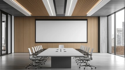 Large conference room with a white board and a long table with many chairs