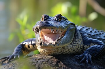 Obraz premium Close-up View of an Alligator Displaying Teeth and Opening Mouth While Resting on a Rock by Water Surrounded by Lush Greenery in a Natural Habitat