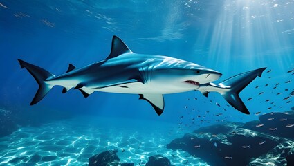 Obraz premium Majestic Blue Shark Swimming Serenely in the Pristine Ocean