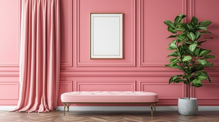 Pink room with a white framed picture on the wall and a pink couch