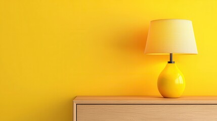 Bright Yellow Lamp on Wooden Table Against Vibrant Yellow Wall