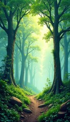 Naklejka premium Misty forest with watercolor trees and foliage, trees, watercolor, misty