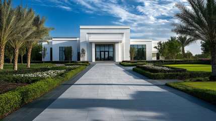 Obraz premium A luxurious commercial building with a modern white finish, well-kept landscaping, and a professional corporate ambiance.