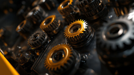 Fototapeta premium A detailed close-up of meticulously arranged transmission gears on a mechanicâs workbench, showcasing intricate metal components ready for maintenance.