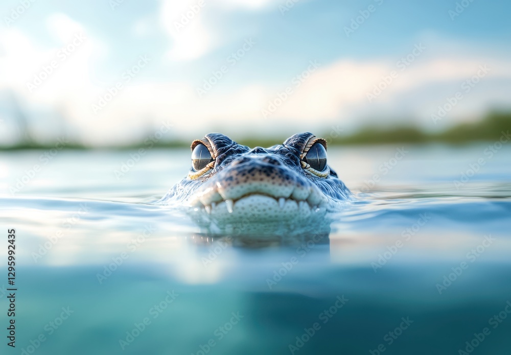 Poster close-up view of an alligator head emerging from water with soft focus background and calm surface i