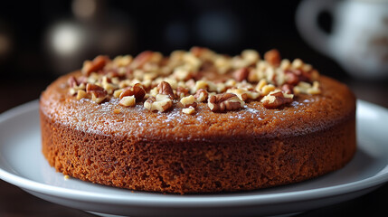 Perfectly baked mini carrot cake with chopped nuts on a white plate