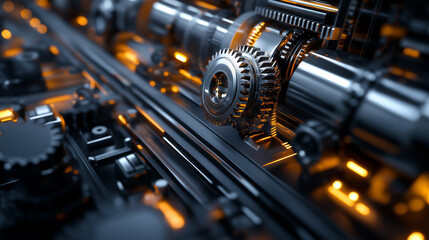 Naklejka premium A close-up view of an intricate transmission gear system, with metal components reflecting workshop lighting, emphasizing mechanical precision.