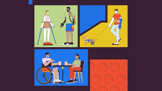 Inclusive lifestyle and accessibility bento grid animation. Diverse people with disabilities daily routines collage motion 4K video web design. Animated cartoon characters collection mood board
