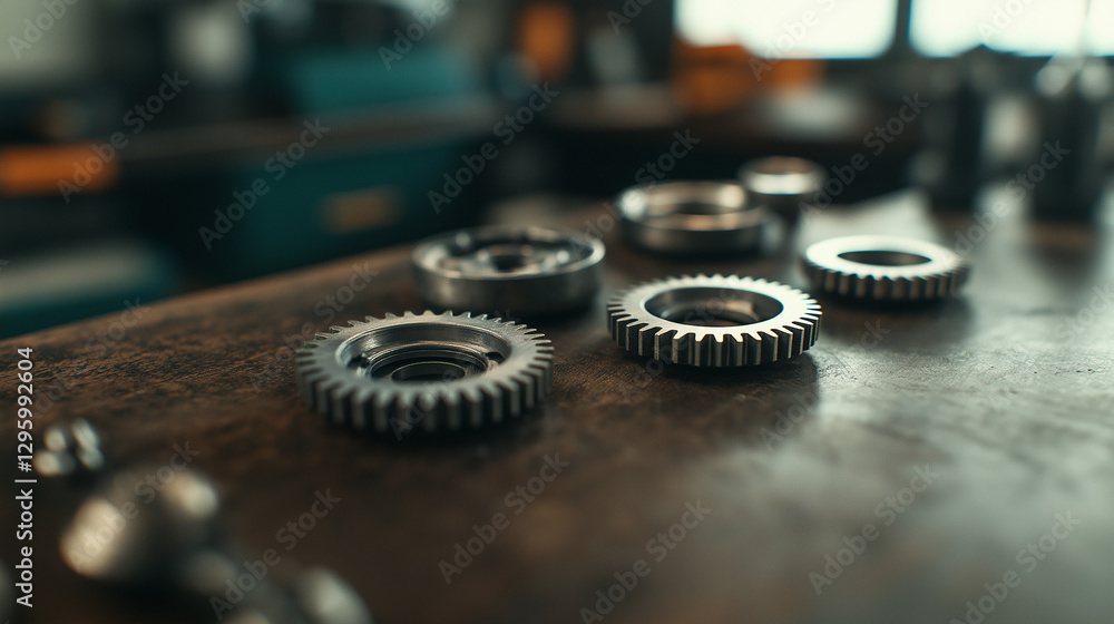 Poster a close-up of interlocking metal gears from a car transmission, showing the fine details of their de