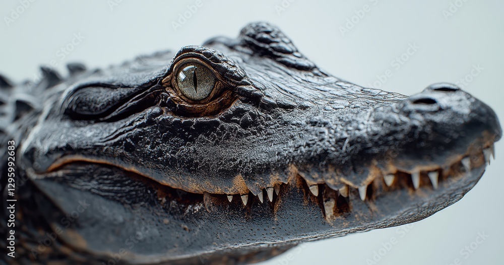 Poster close-up view of an alligator head with sharp teeth and detailed scales against a neutral background