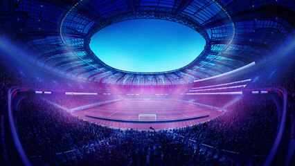 Neon-lit stadium. Stadium glowing with neon purple and blue lights, packed with excited fans, futuristic arena surrounding large football field. 3D render, fisheye view. Concept of sport, game © master1305