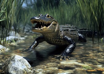 Close-Up View of an Alligator in Shallow Water Surrounded by Lush Green Grass and Stones in a Natural Habitat Under Bright Natural Light