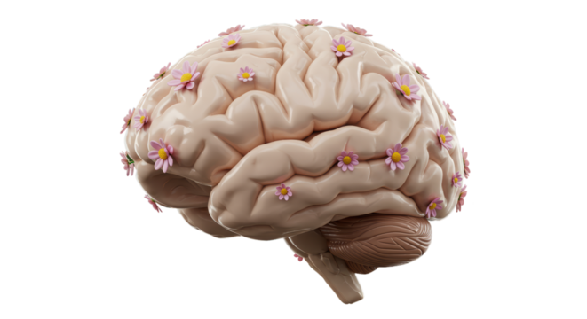 Isolated Human Brain Adorned with Delicate Pink Flowers, Symbolizing Growth and Potential